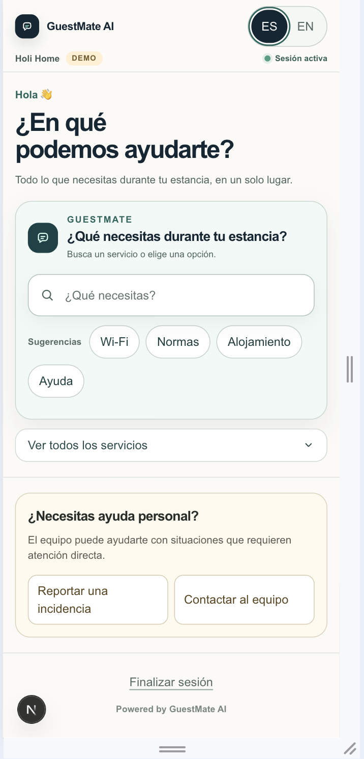 Interfaz móvil de GuestMate AI en castellano